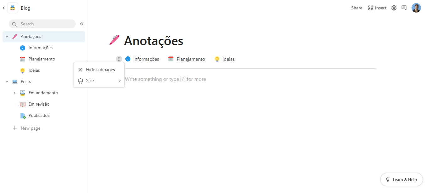 Imagem com a página "Anotações" exibindo o menu de edição de exibição das subpáginas