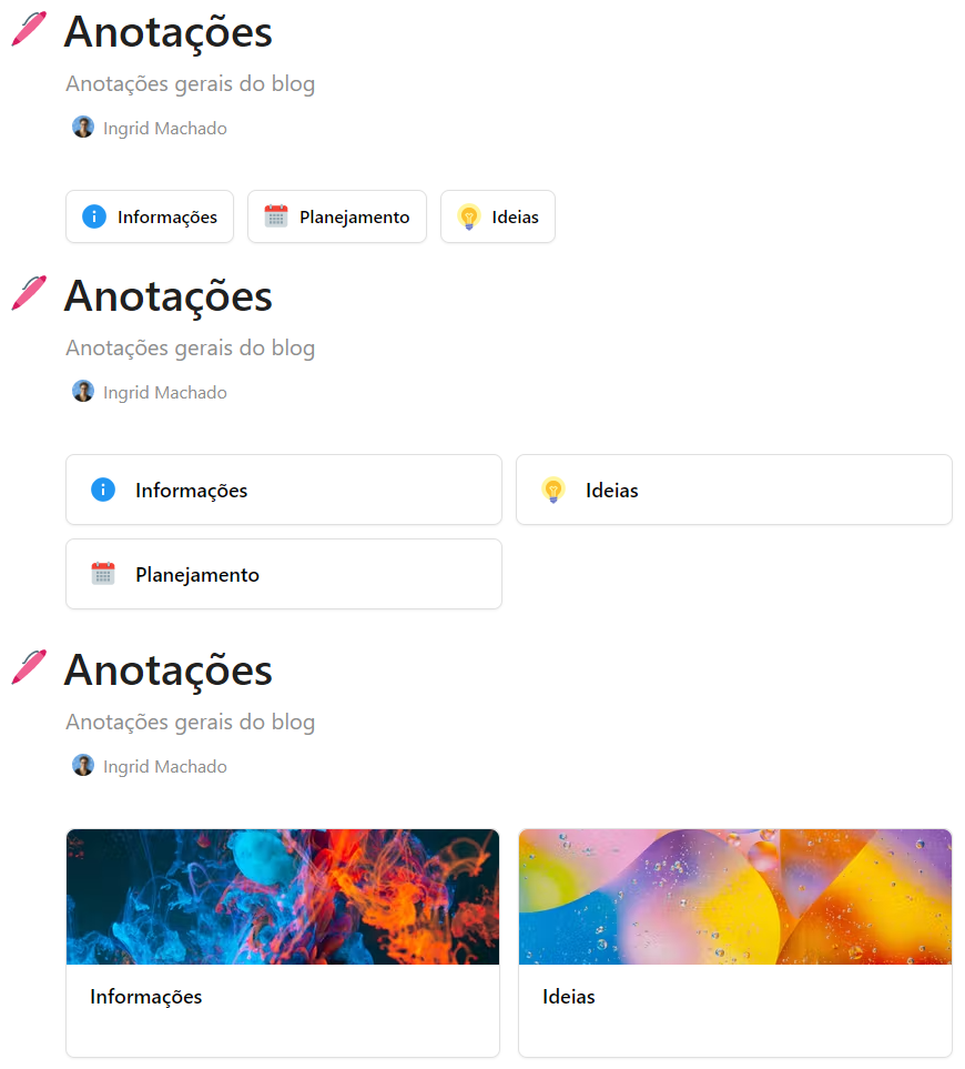 Imagem com as opções de exibição de subpáginas: pequeno, médio e grande