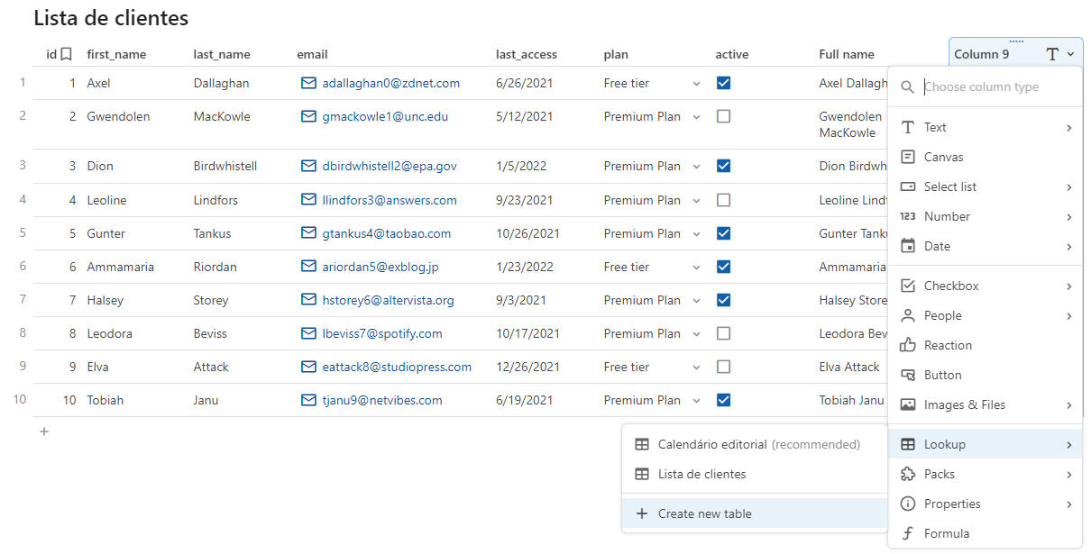 Print da tabela "Lista de clientes" com uma nova coluna do tipo Lookup