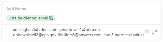 Print do assistente de fórmulas com o operador ponto sendo usado para mostrar o valor da coluna "email" da tabela "Lista de clientes"