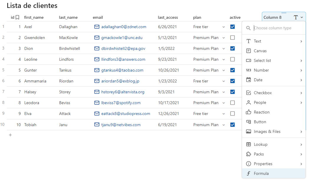 Print da tabela "Lista de clientes" com uma nova coluna do tipo fórmula