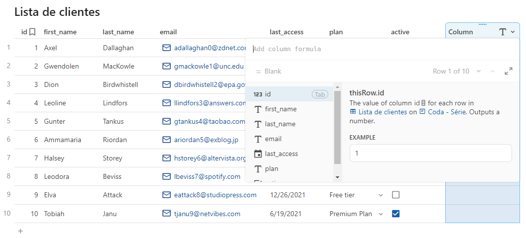 Print da tabela "Lista de clientes" com o assistente de fórmulas sendo exibido