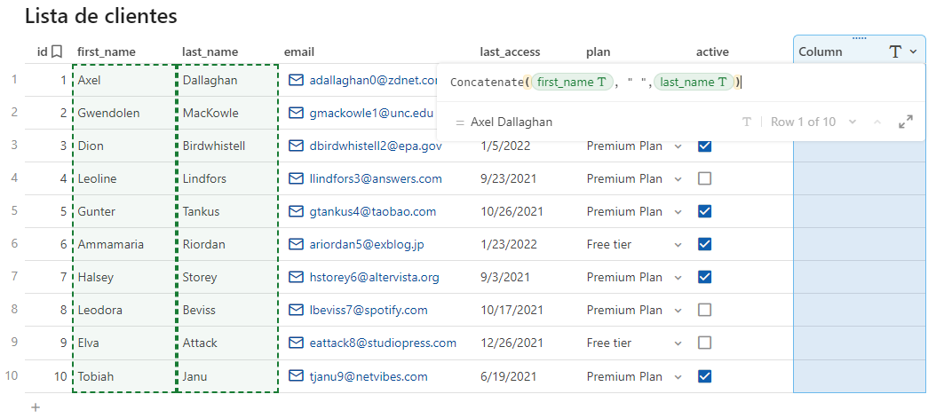 Print da tabela "Lista de clientes" com uma coluna nova usando o valor de duas colunas existentes concatenados