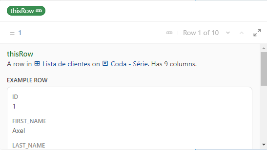 Print assistente de fórmulas mostrando o valor da linha com o ID 1