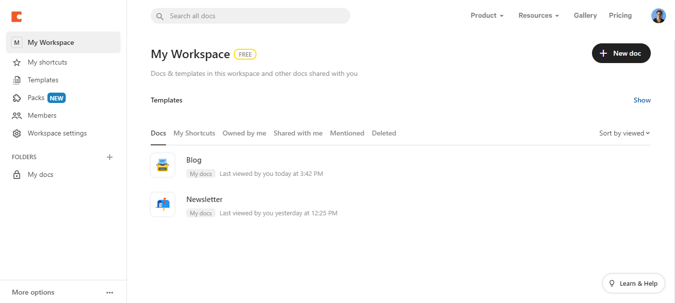 Imagem com a tela inicial do workspace no Coda com dois documentos