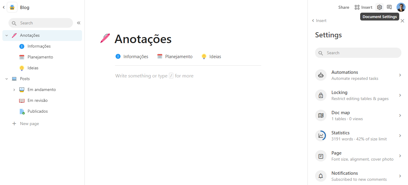 Imagem com o documento do Coda aberto com 3 divisórias: lista de páginas, conteúdo e configurações
