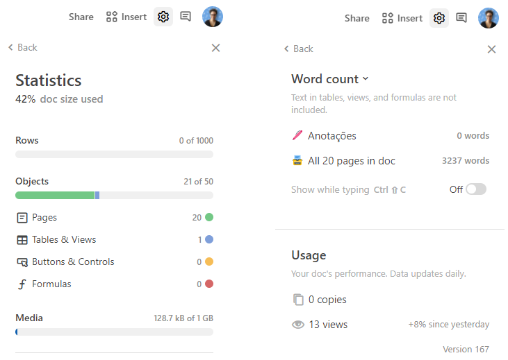 Imagem com as informações da página exibidas dentro de Statistics