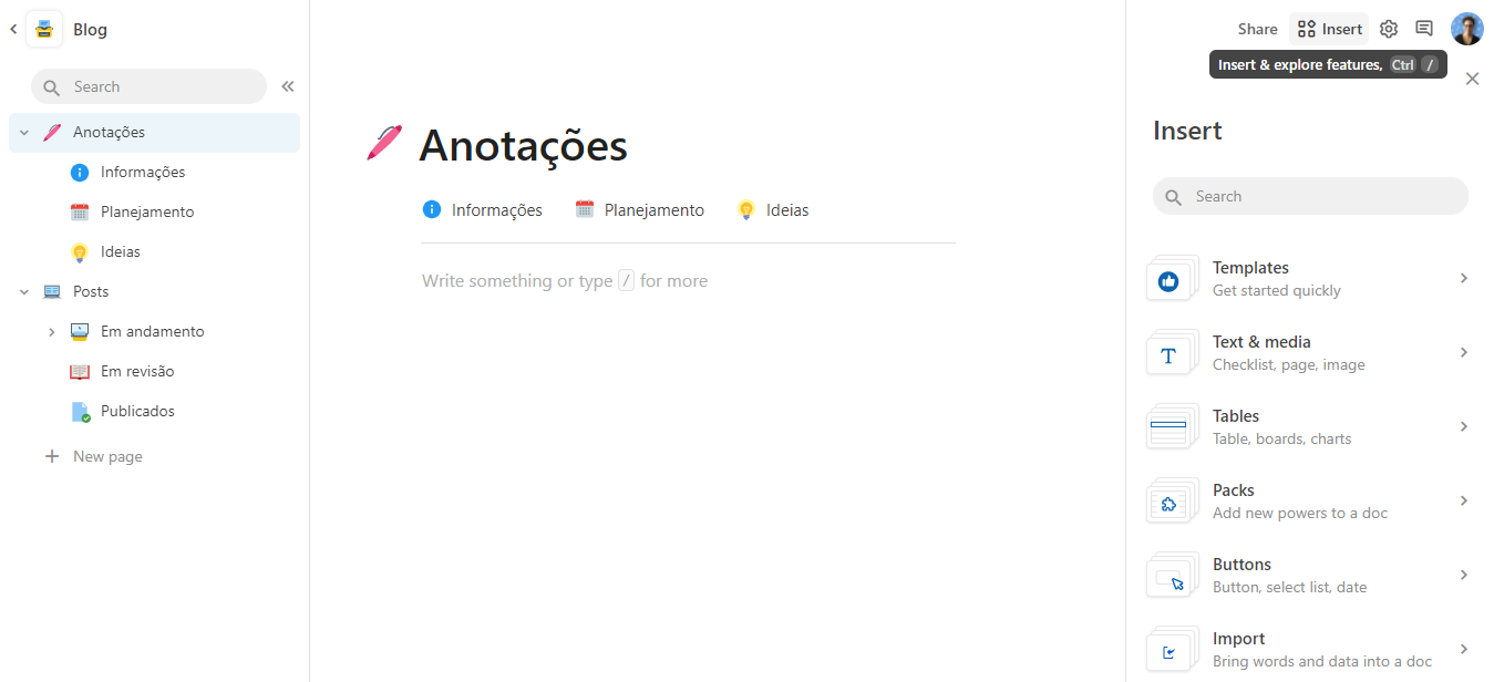 Imagem com o documento do Coda aberto com 3 divisórias, exibindo o conteúdo do menu Insert à direita