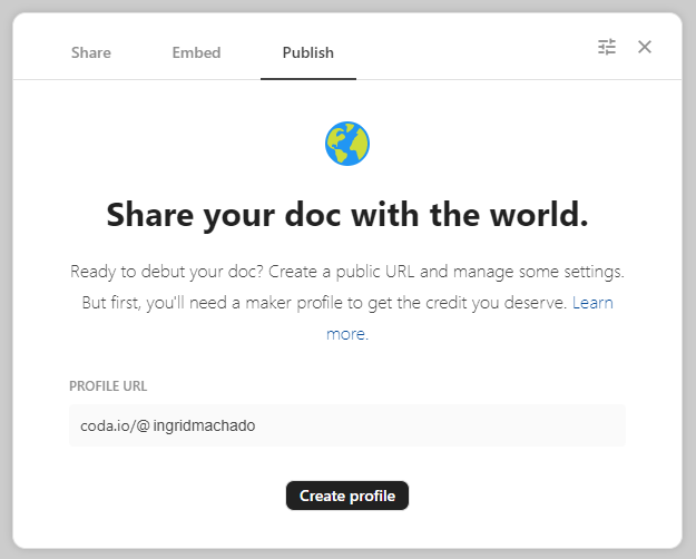 Print da opção "Publish" no primeiro acesso, que solicita a criação de uma URP de perfil pública