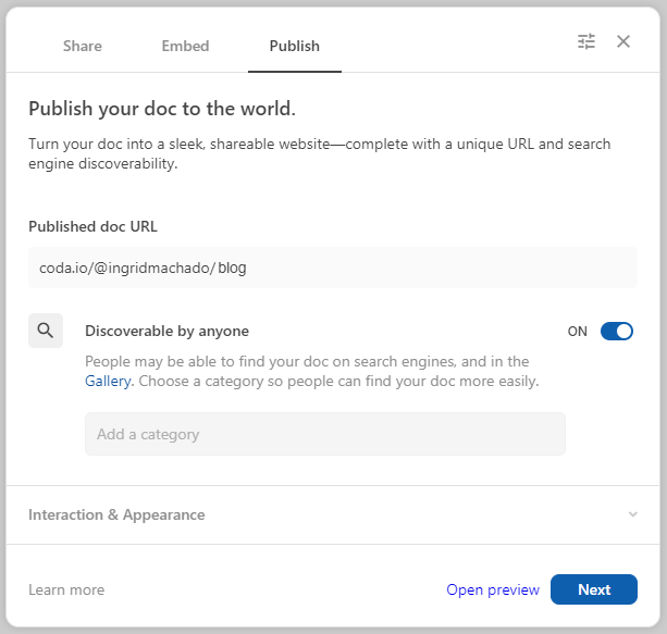 Print da opção "Publish" com os campos para publicação do documento