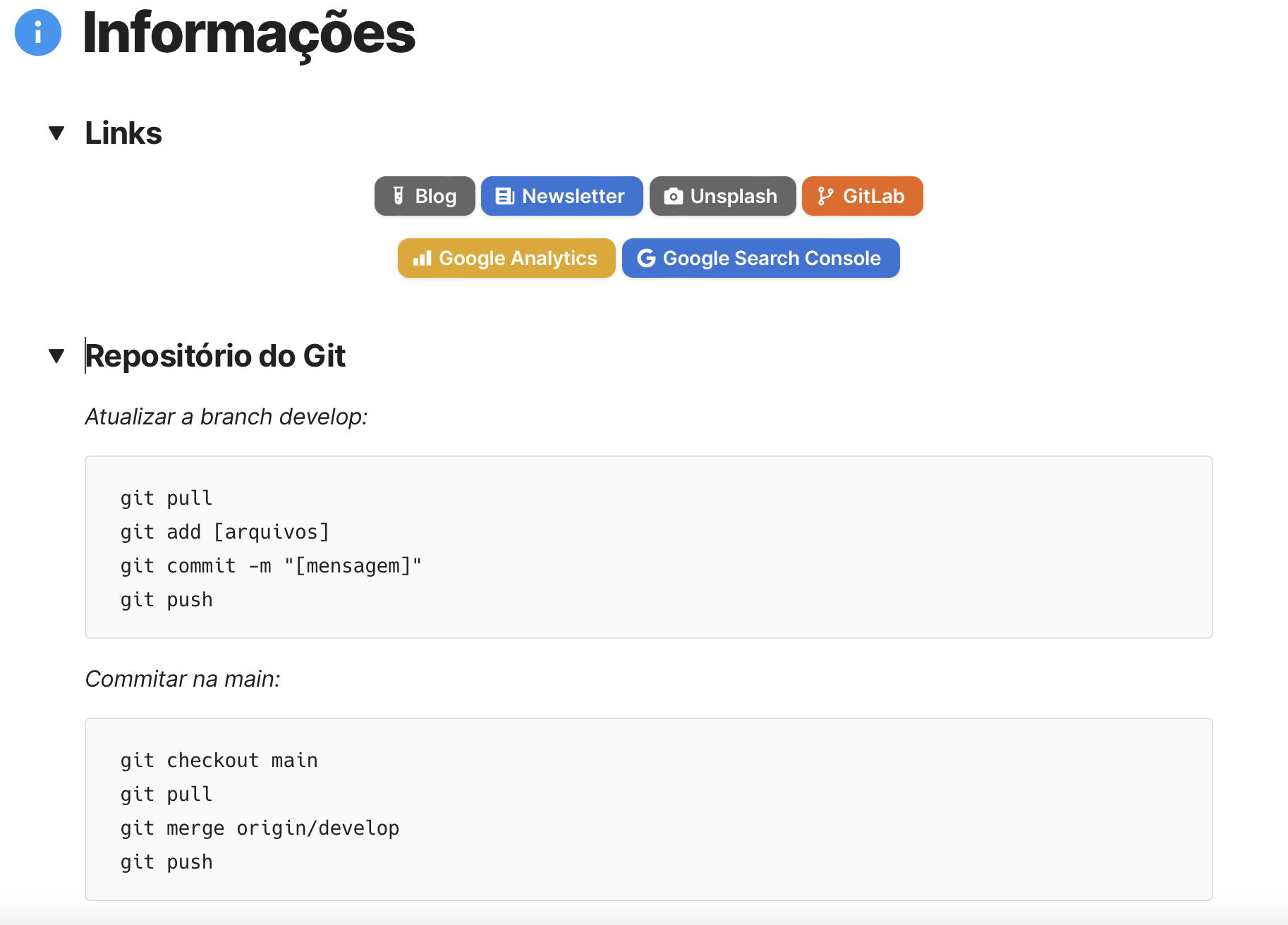 Página "Informações" com seis botões contendo links e algumas informações sobre como atualizar a branch main e commitar um arquivo na branch main