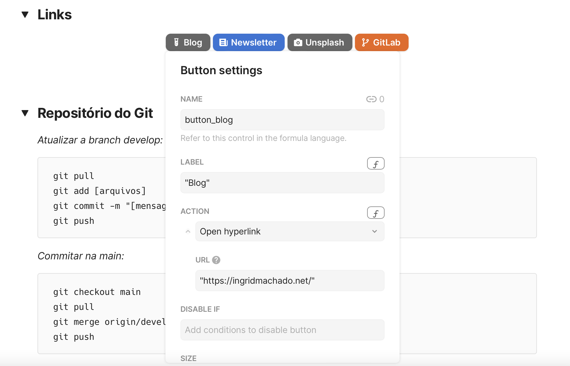 Página "Informações" com o menu de configuração de botão sendo exibido