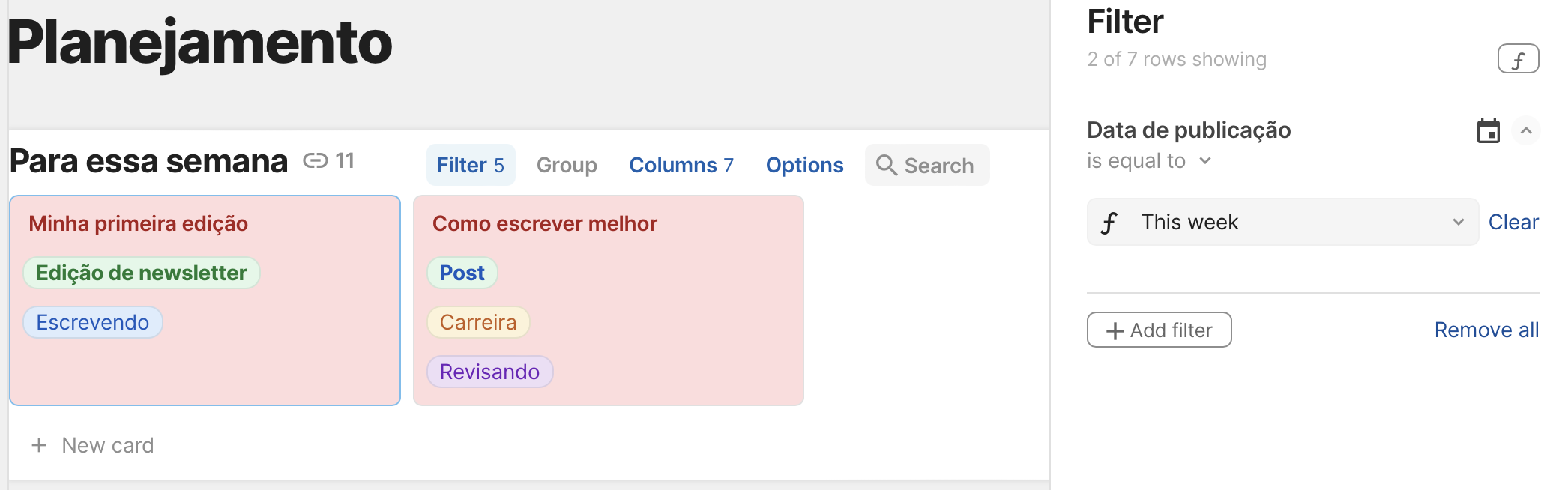 Página "Planejamento" com o menu de filtro sendo exibido com o filtro Data de publicação = This week selecionado
