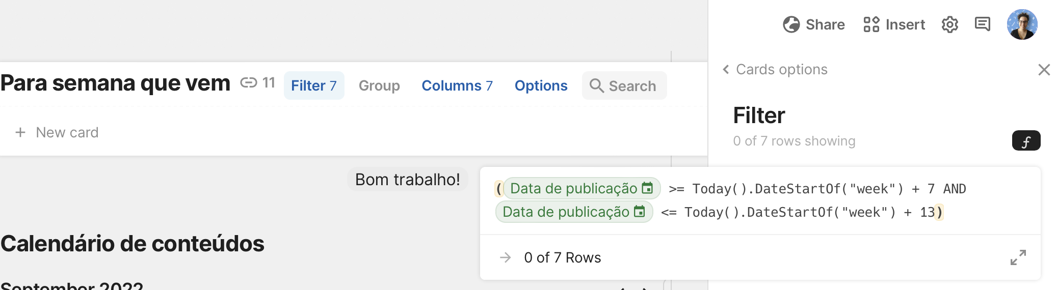 Página "Planejamento" com o menu de filtro sendo exibido com a fórmula explicada nos parágrafos anteriores sendo exibida