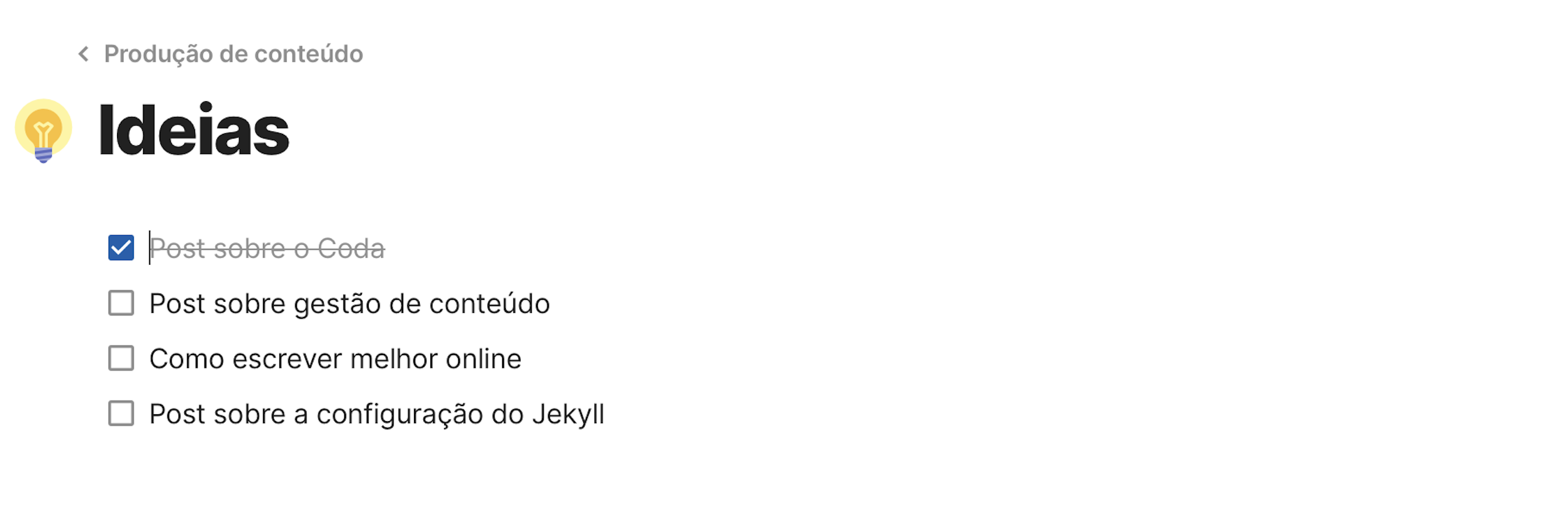 Print da página "Ideias" com uma checklist com exemplos de ideias