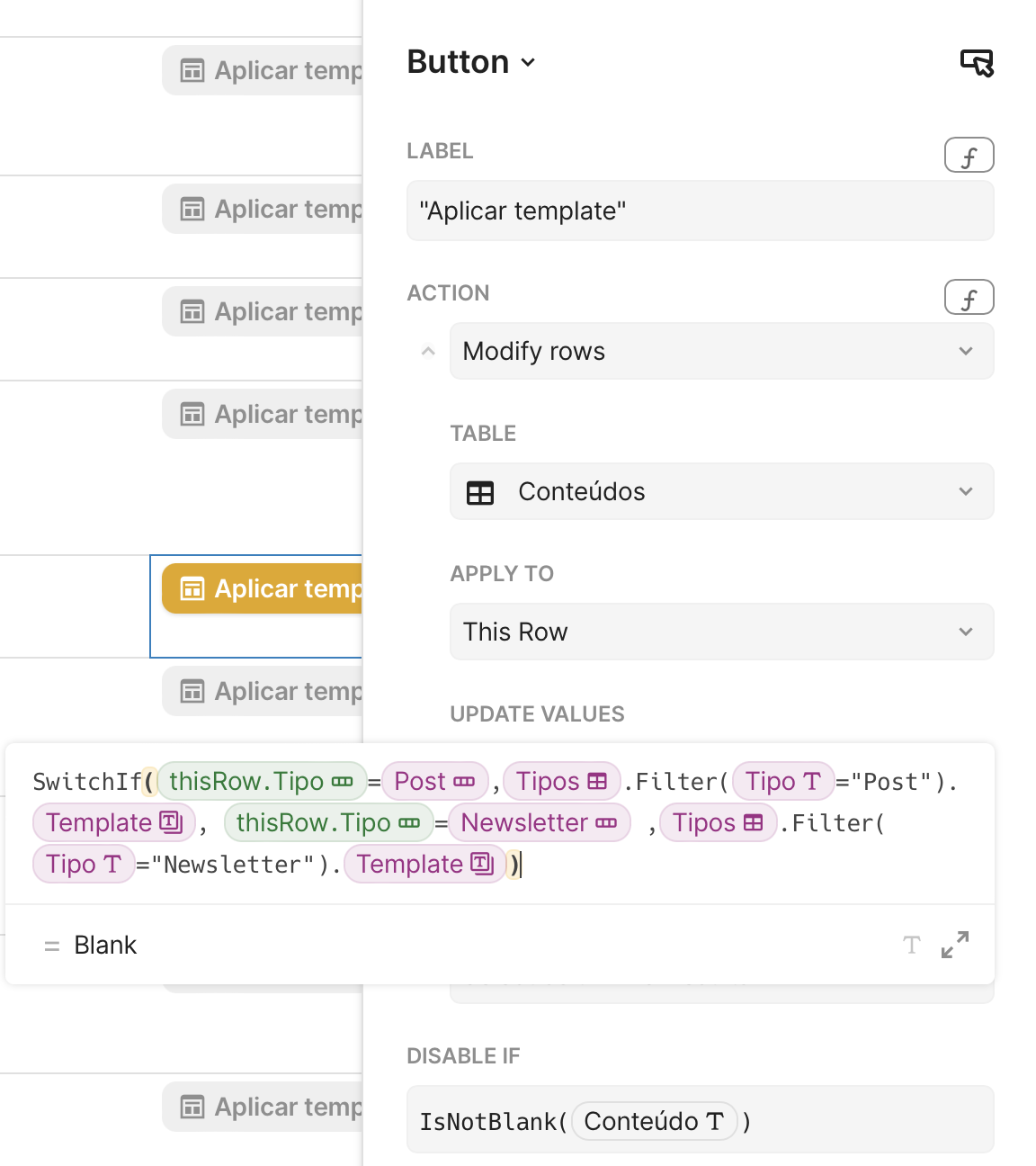 Detalhes do botão "Aplicar template"