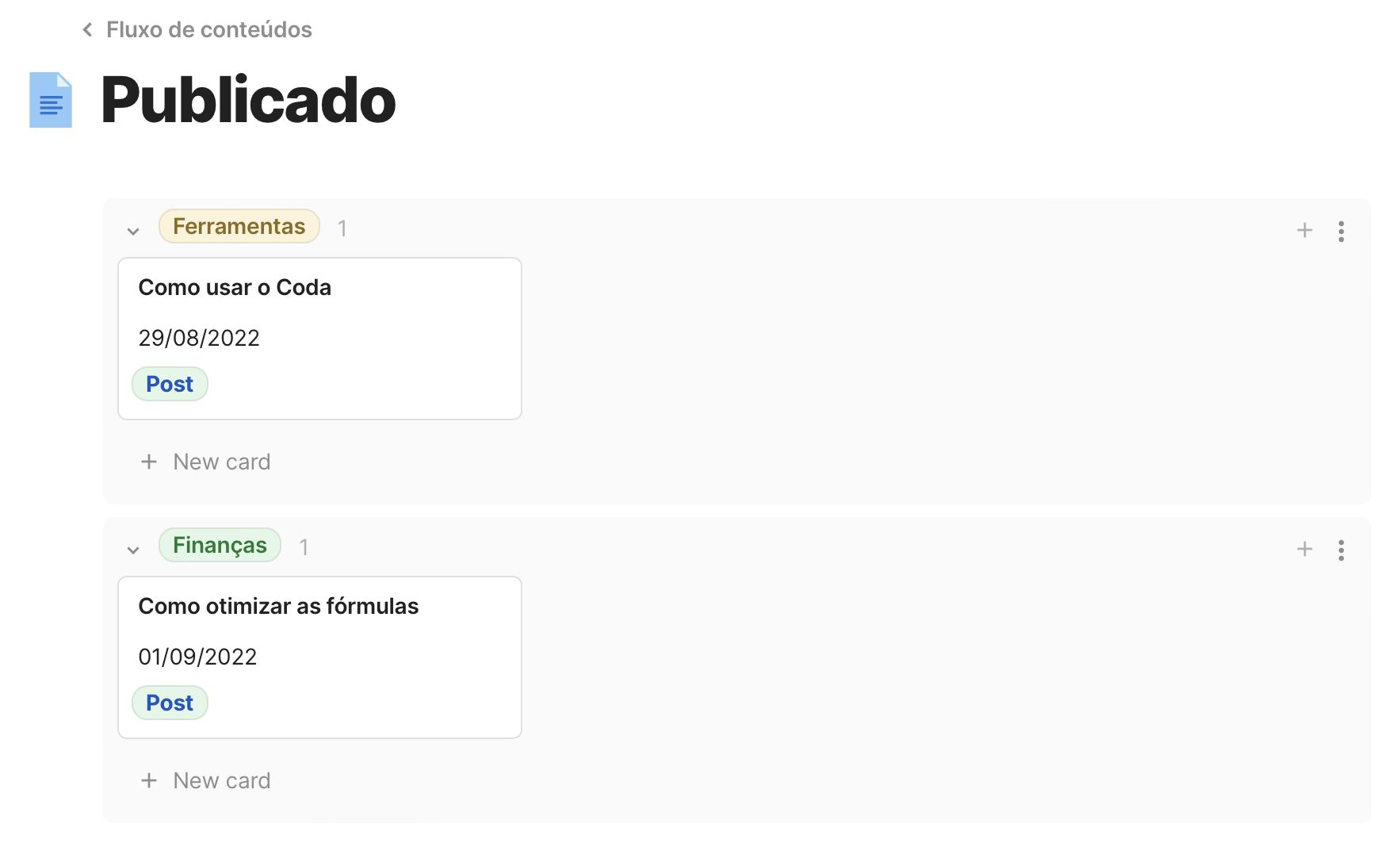 Print da página "Publicado" exibindo dois exemplos de conteúdos na visão de cartões agrupados por categoria