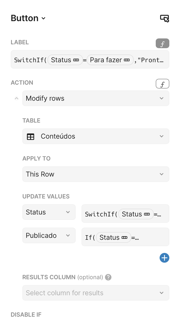 Detalhes da configuração do botão do fluxo de conteúdos