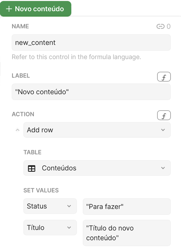 Detalhes da configuração do botão "novo conteúdo"