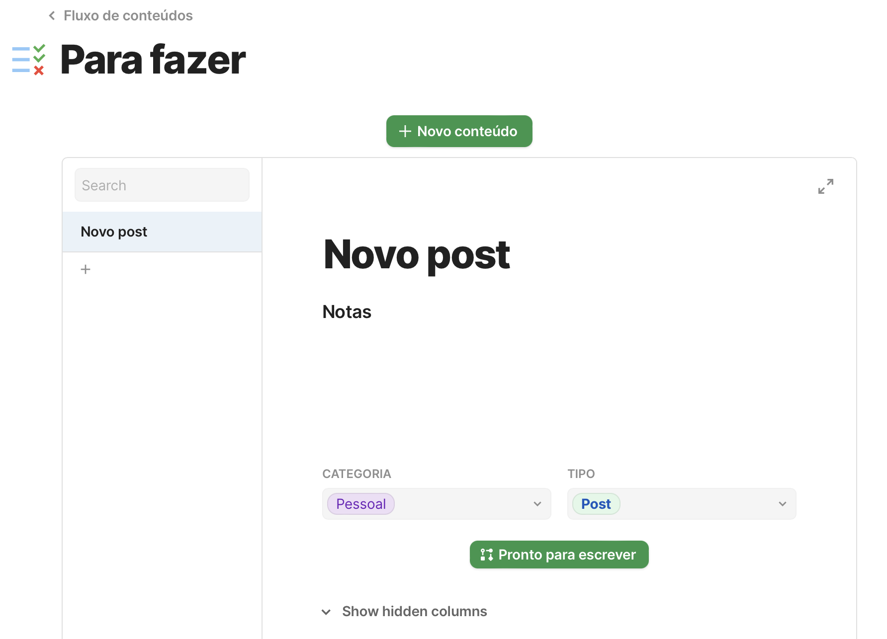 Print da página "Para fazer" exibindo um exemplo de post na visão de Details