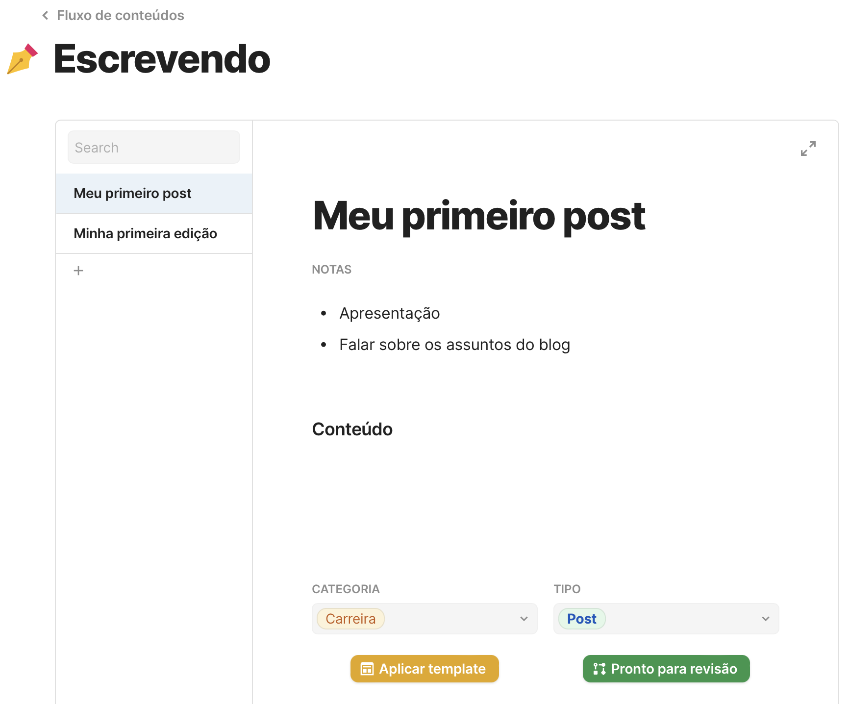 Print da página "Escrevendo" exibindo dois exemplos de conteúdo na visão de Detaisl