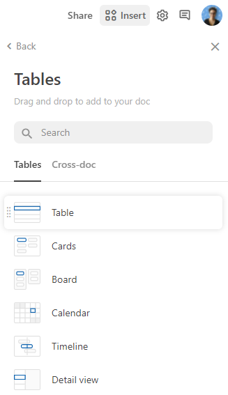 Print da opção Insert para incluir tabelas no documento