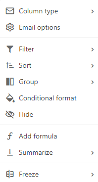 Print com as opções de formatação de coluna no Coda