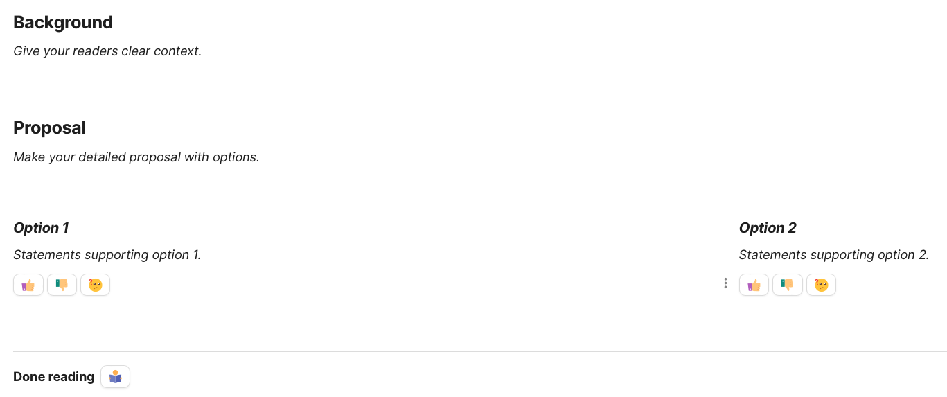 Primeira parte do template no documento, exibindo o "background", "proposal" e "done reading"