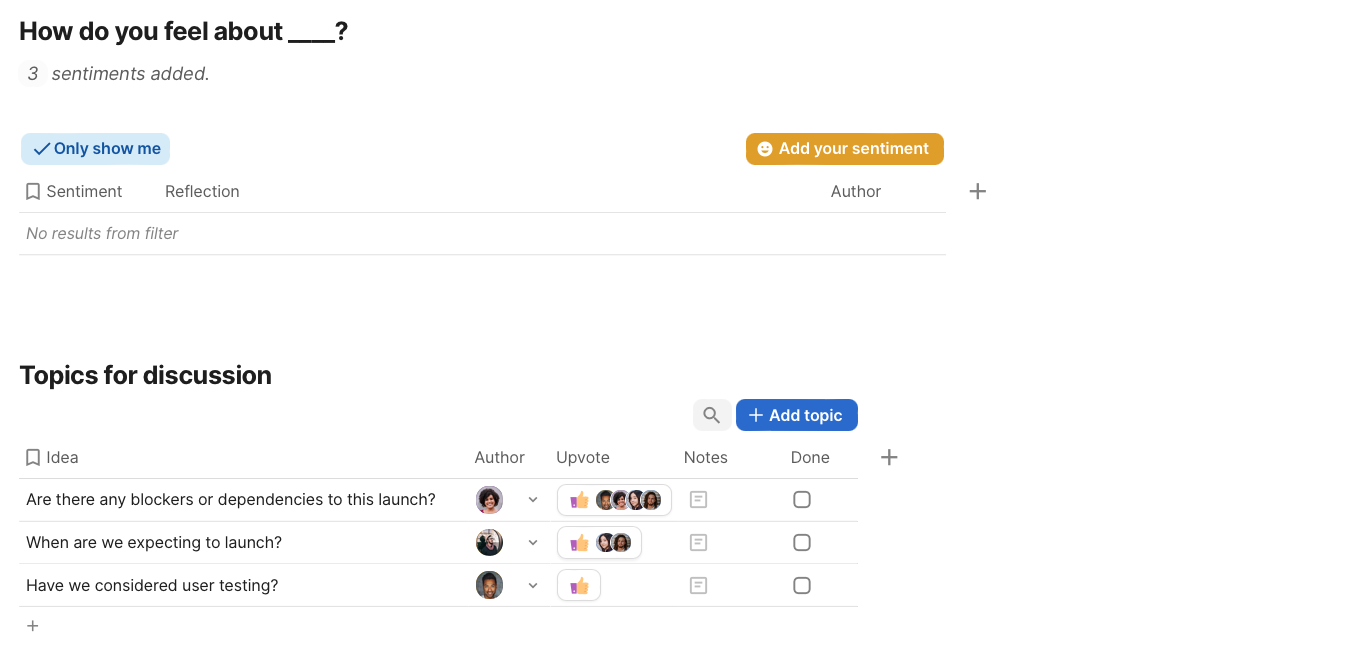 Segunda parte do template no documento, exibindo o "how do you feel about" e o "topics for discussion"