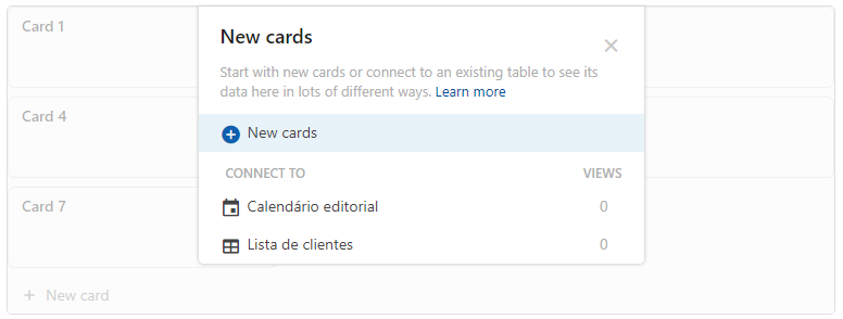 Print do modal exibido ao criar uma nova visão, que permite conectar em uma outra tabela ou visão ou iniciar do zero
