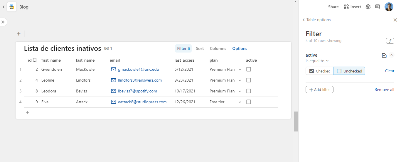 Print da tabela "Lista de clientes ativos" com a opção de filtros preenchida e a tabela exibindo apenas 4 itens filtrados