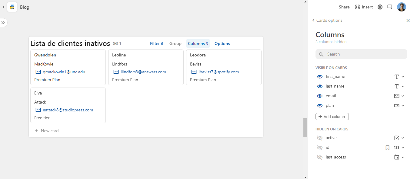 Tabela "Lista de clientes inativos" exibida como uma visão de cartões