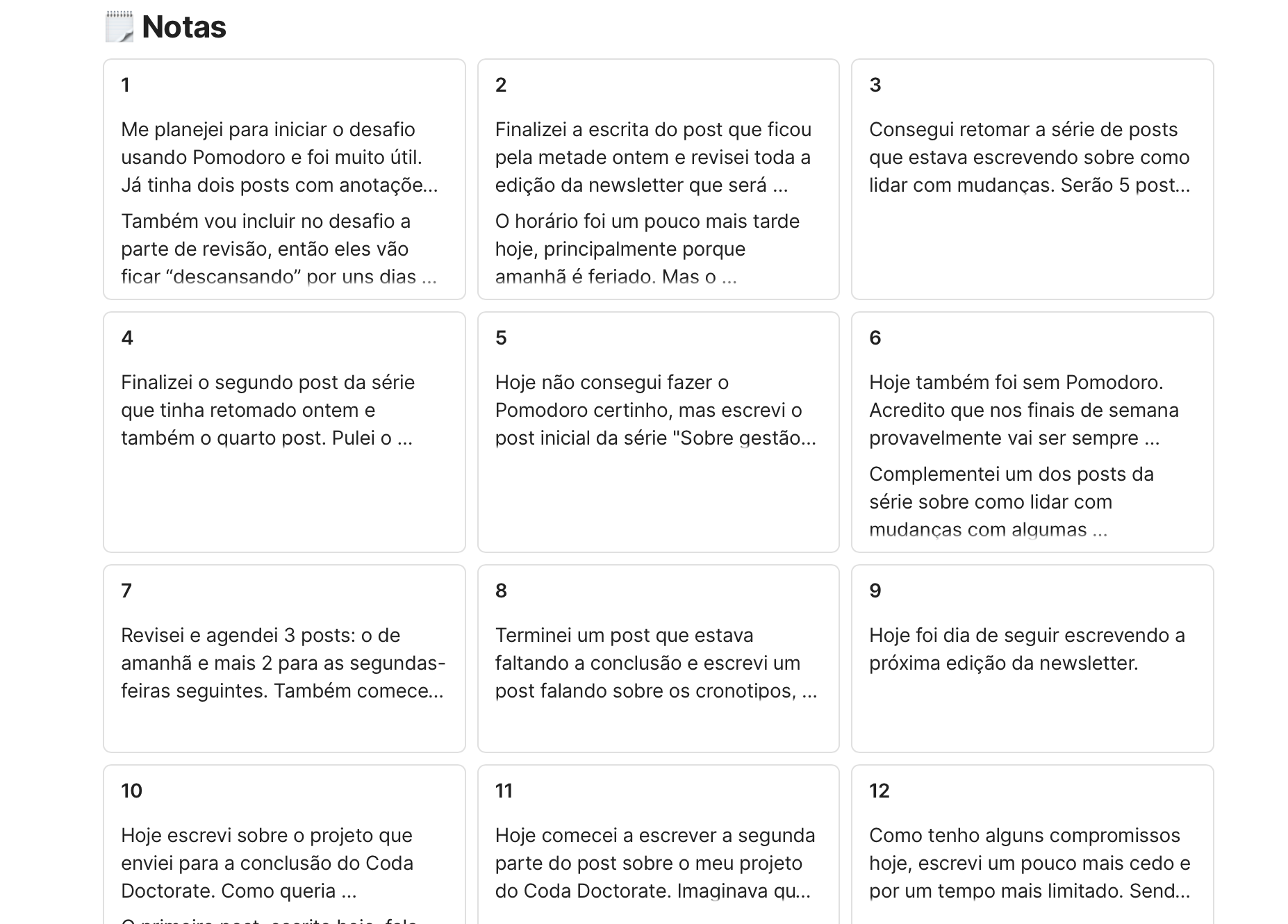 Print com as anotações de cada tweet feito no período do desafio