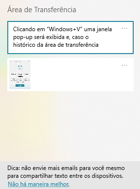 Janela pop-up com a lista de itens na área de transferência