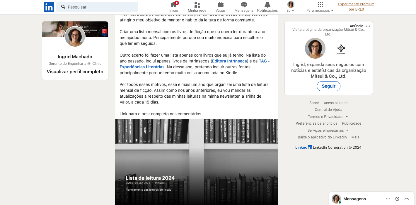 Terceiro formato de publicação, ainda mantendo o link nos comentários, mas com um layout mais limpo