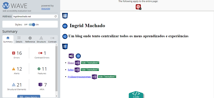 Tela com o resultado da avaliação feita a partir da página da WAVE