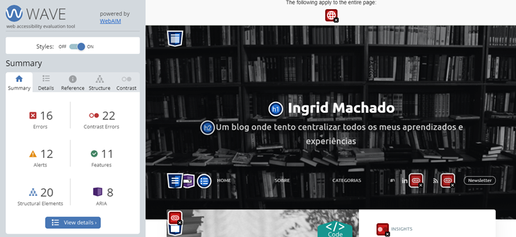 Tela com o resultado da avaliação feita com o plugin no Chrome, no blog rodando localmente