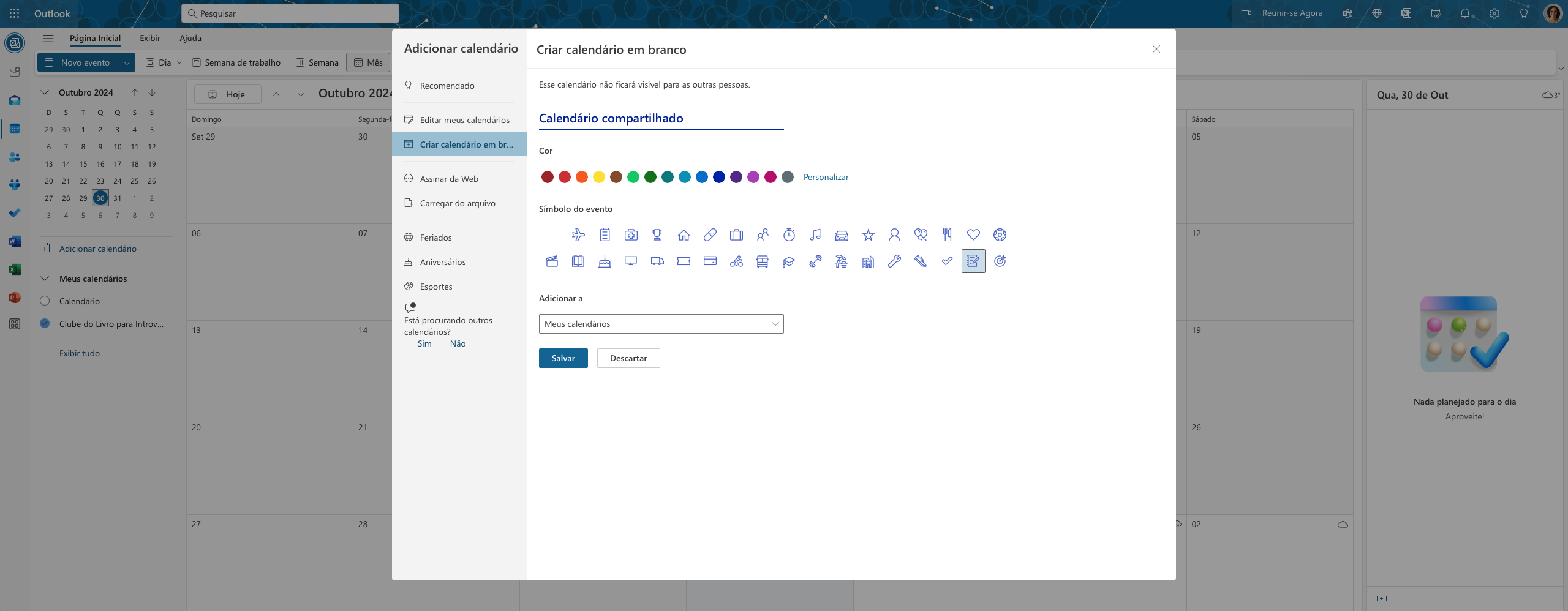 Modal para criação de um novo calendário
