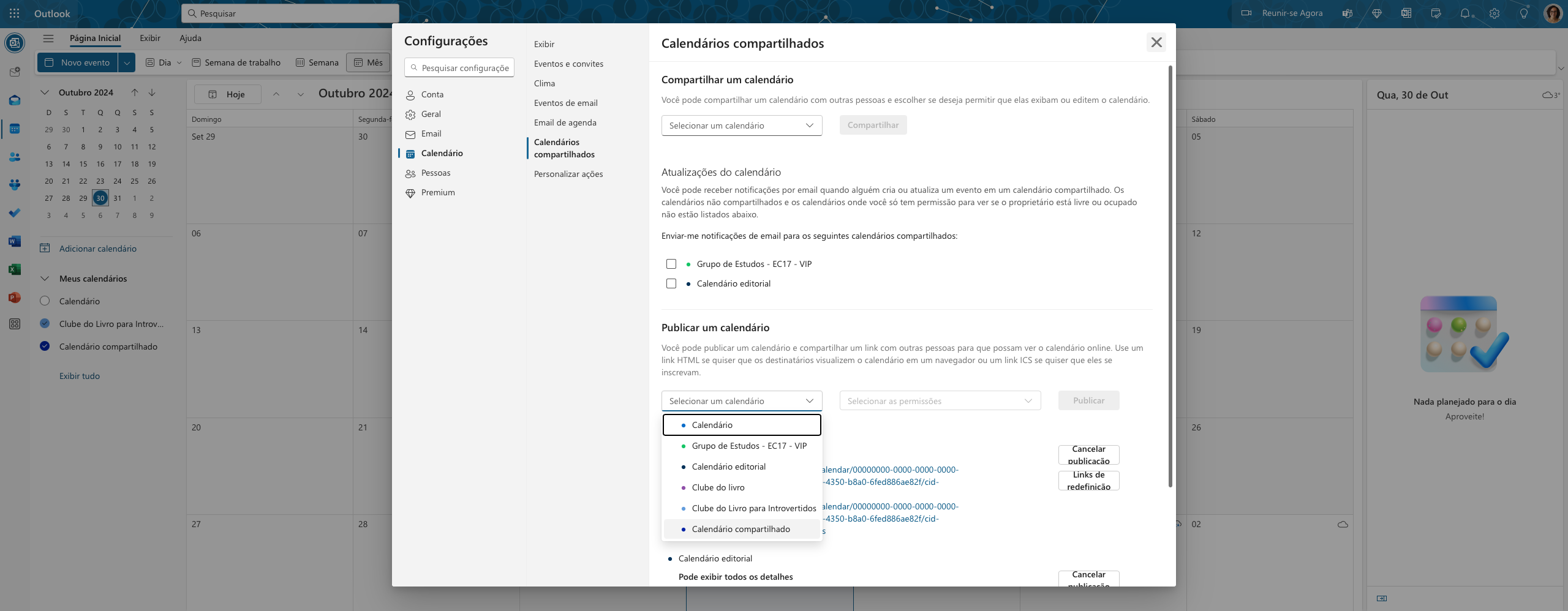Seletor de calendário para compartilhar