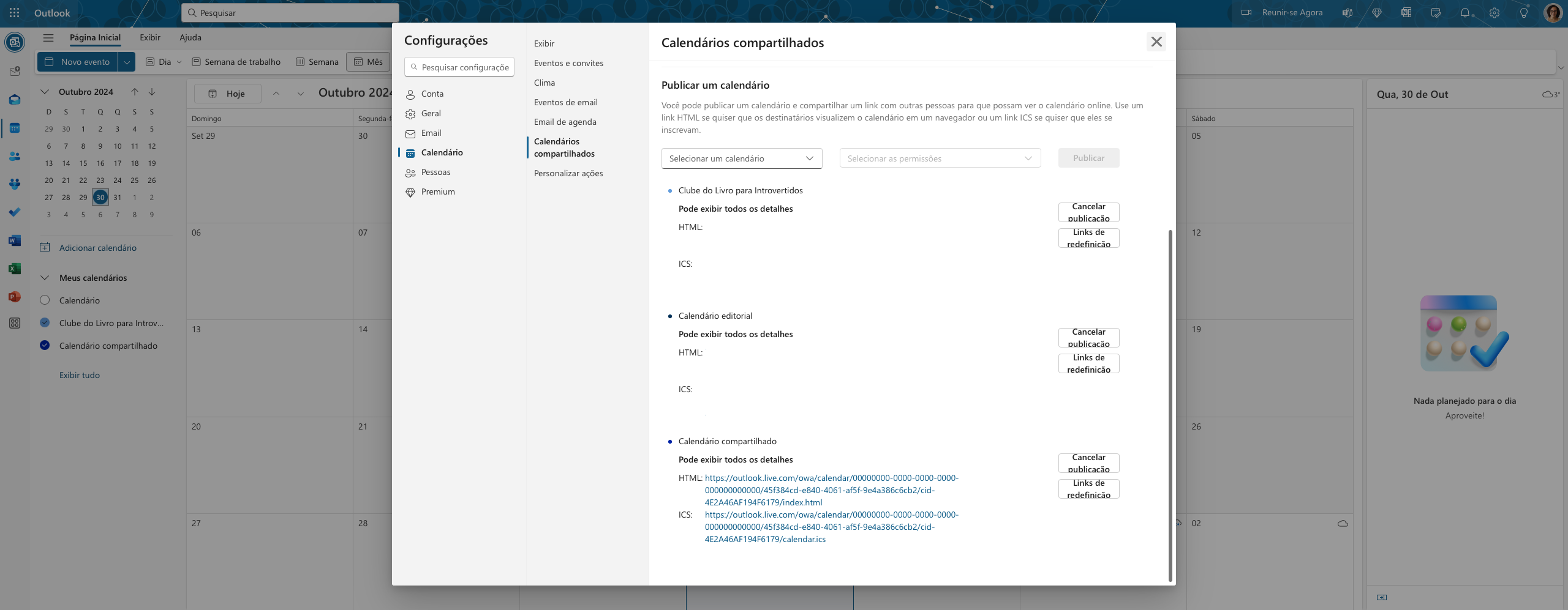 Lista de calendários publicados