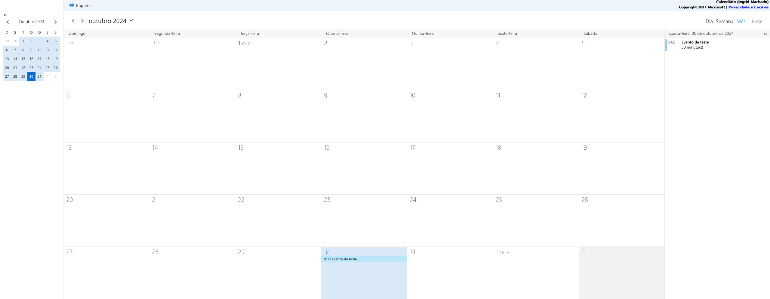 Tela HTML do calendário compartilhado