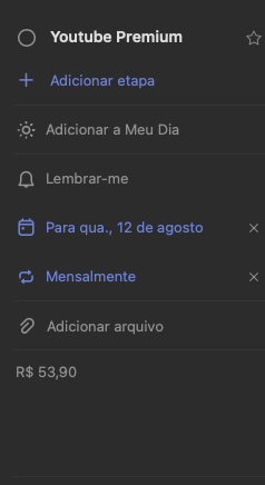 Print da tela do Microsoft To Do no exibindo a tarefa "Youtube Premium"