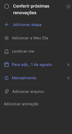 Print da tela do Microsoft To Do no exibindo a tarefa "Conferir próximas renovações"