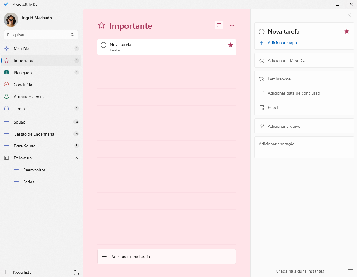 Print da tela do Microsoft To Do no Windows exibindo a lista inteligente "Importante"