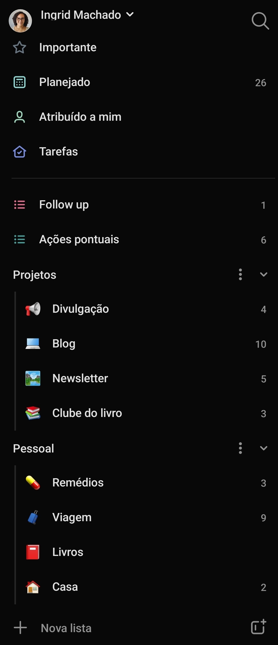 Print da tela do Microsoft To Do no Android na exibição de listas