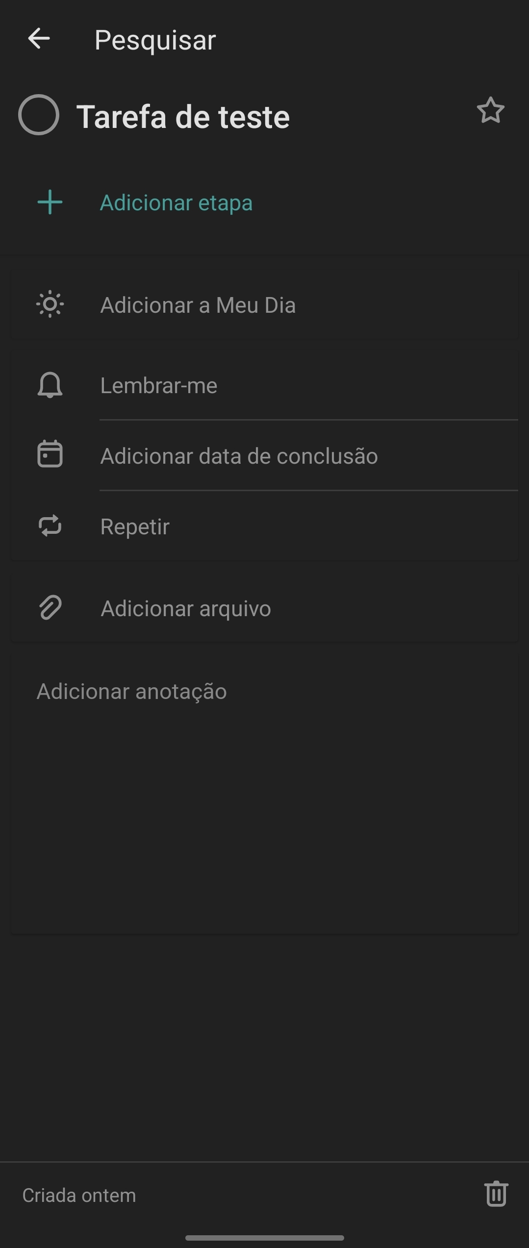 Print da tela do Microsoft To Do no Android na exibição de detalhes da tarefa