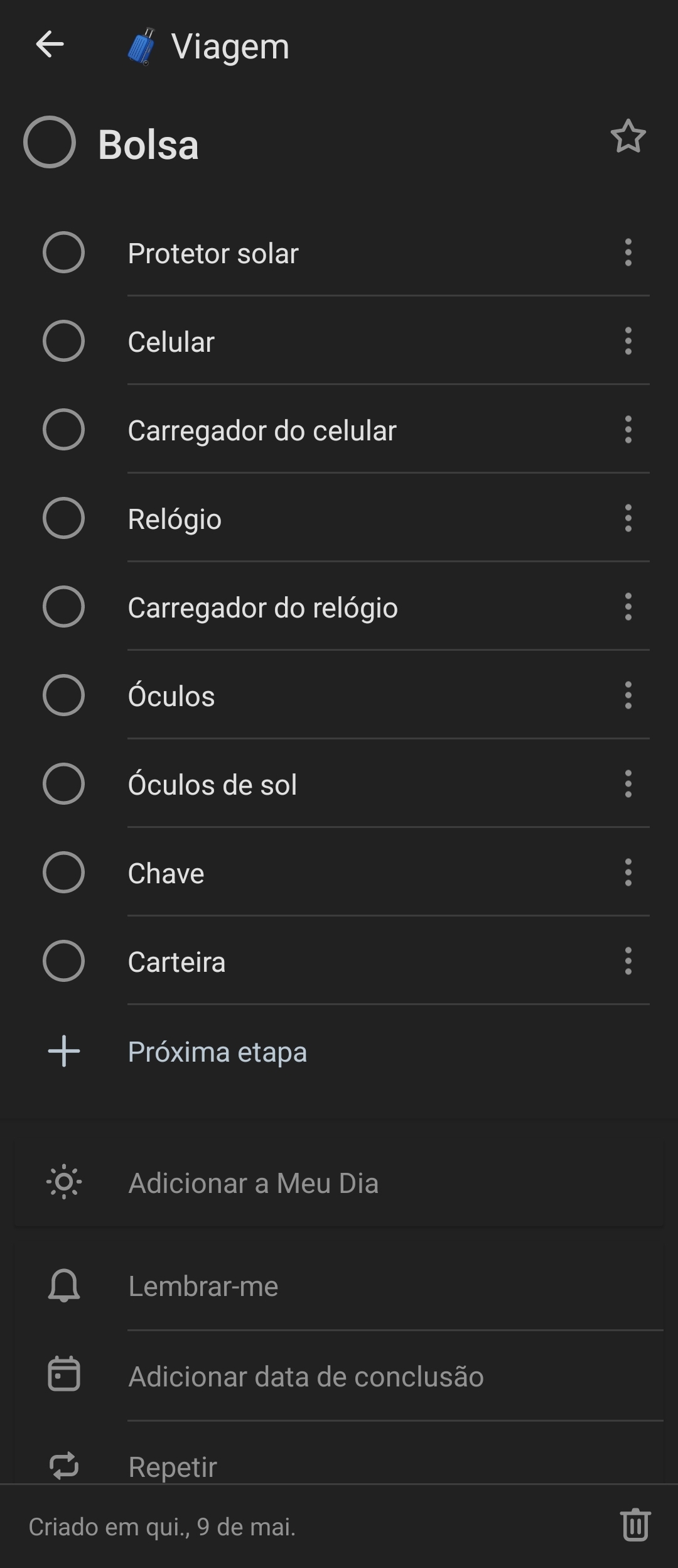 Print da tela do Microsoft To Do no Android na exibição de etapas da tarefa