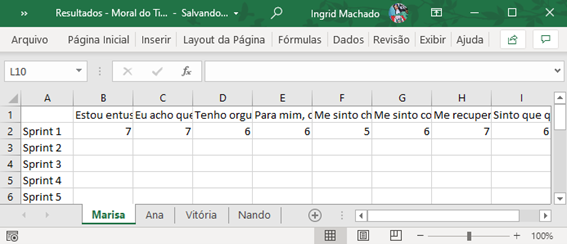 Resultados organizados por integrante no Excel
