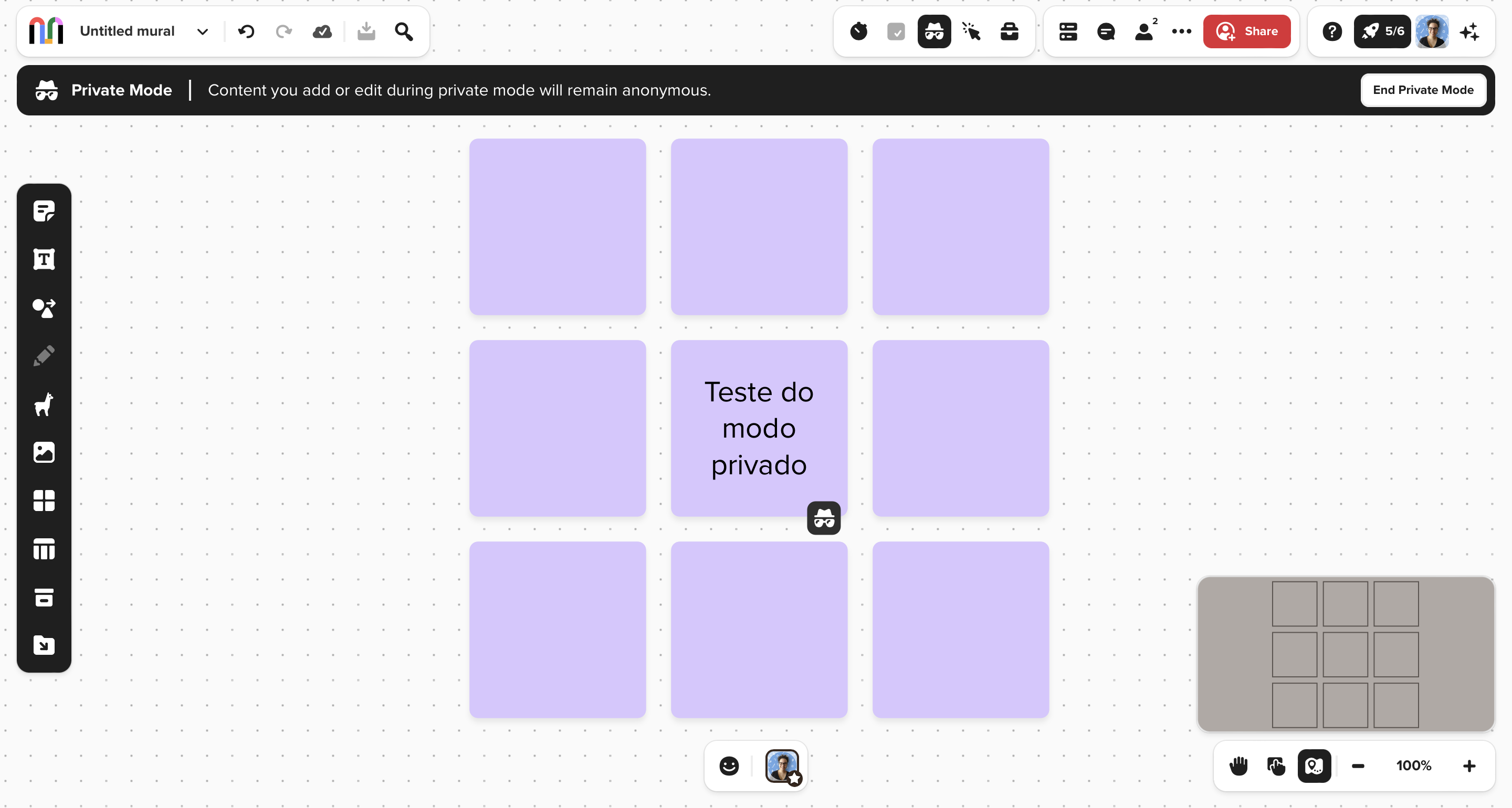 Print do modo privado em andamento no quadro