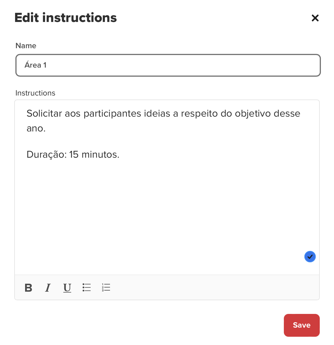 Print do formulário para editar o título da área e incluir um texto com instruções